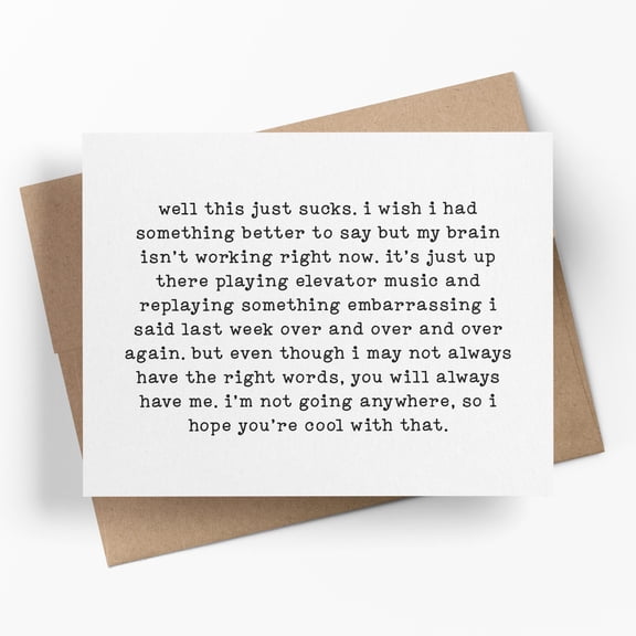 Funny Support Greeting Card, Humorous Sympathy Note for Friend or Partner, Honest Message About Brain Fog and Staying by Their Side, Minimalist Design with Kraft Envelope