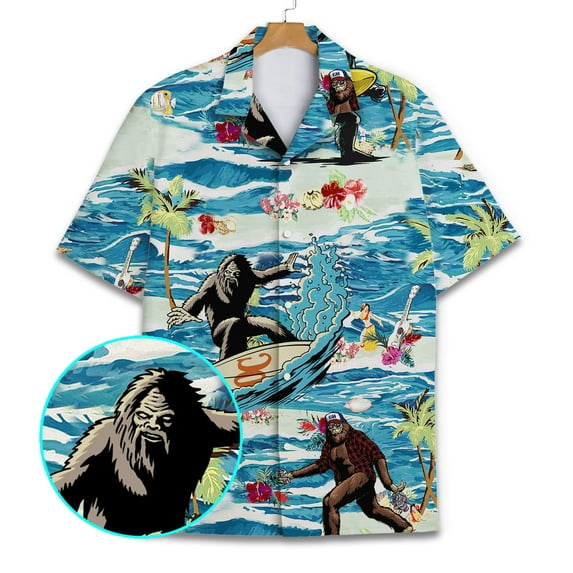 Funny Surfing Bigfoot Hawaiian Shirt Tropical Alien Sasquatch Hawaiian Shirt Summer Short Sleeve Shirt
