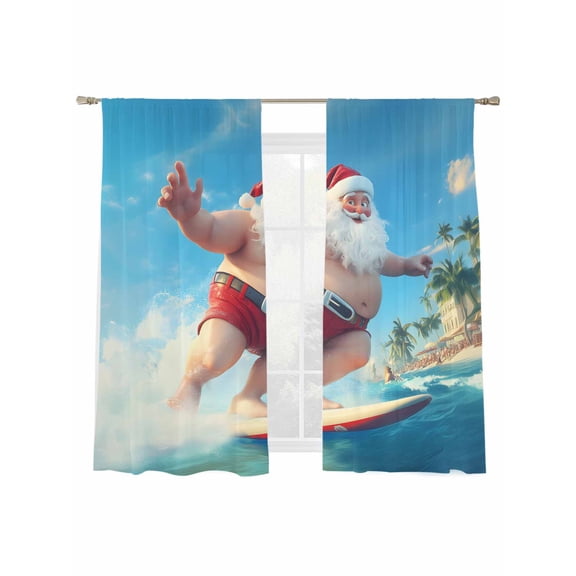 Funny Surfing Sheer Curtains 2 Panels Set, Santa Claus Unique Summer Ocean Window Sheer Curtains for Living Room/Bedroom, Light Filtering Rod Pocket Voile Drapes, 52" W x 72" L