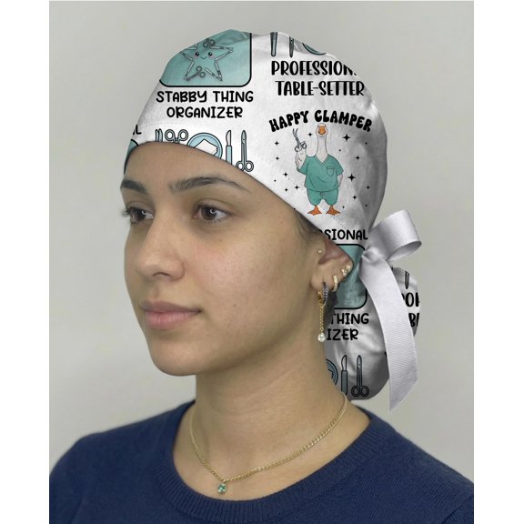 Funny Surgical Tech Scrub Cap, Happy Clamper Goose Surgical Hat, OR Nurse Cap, Operating Room Gift, Tie Back Medical Cap