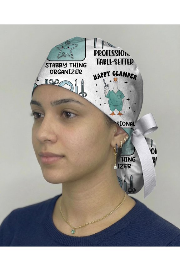 Funny Surgical Tech Scrub Cap, Happy Clamper Goose Surgical Hat, OR Nurse Cap, Operating Room Gift, Tie Back Medical Cap