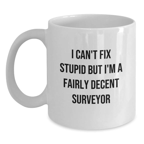 Funny Surveyor Gifts for Graduation - 'I Can't Fix Stupid But I'm A Fairly Decent Surveyor' White Coffee Mug for Surveyor Friends by Gifts from Men