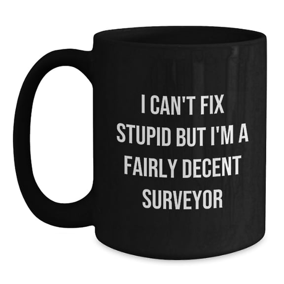 Funny Surveyor Gifts for Men from Friends, 'I Can't Fix Stupid But I'm A Fairly Decent Surveyor' Black Coffee Mug, Graduation Unique Presents