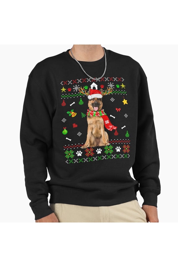 Funny Sweater Christmas German Shepherd Graphic Unisex Sweatshirt Retro Puppy Art G23810, Up to Size 5XL
