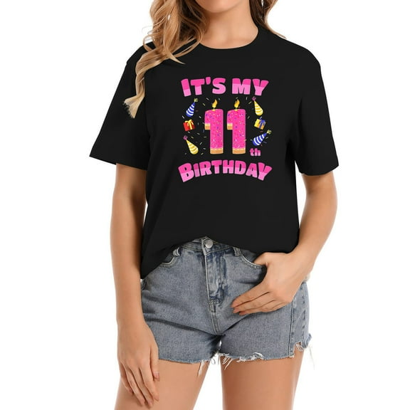 Funny Sweet Donut It's My 11th Birthday 11 Yr Old Women's Graphic Tee Shirt, Trendy Short Sleeve Top with Cool Printed Design