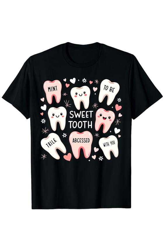 Funny Sweet Tooth Dentist T-Shirt Cute Dental Assistant Graphic Tee Retro Teeth Pun Apparel for Men Women