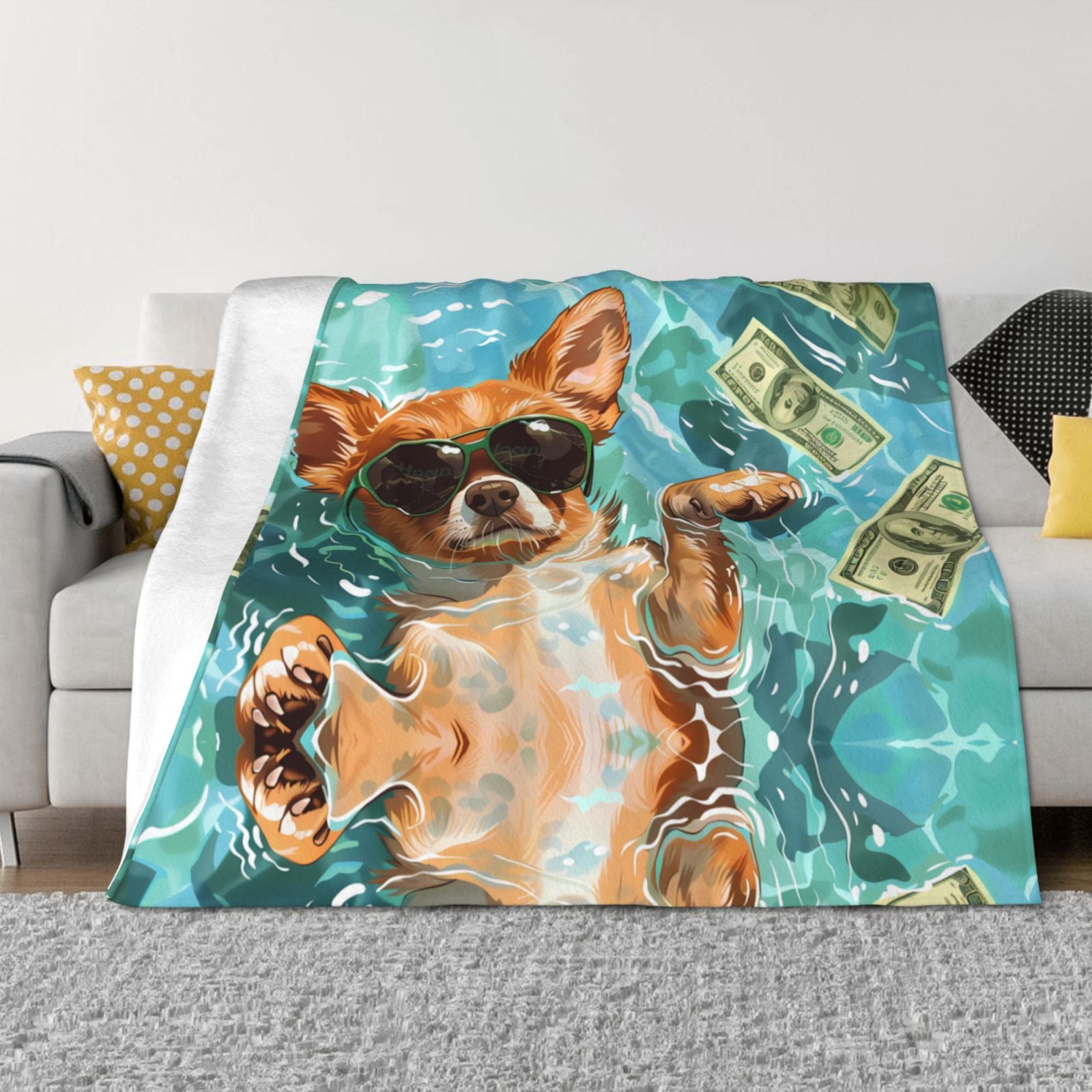 Funny Swimming Chihuahua Throw Blanket for Couch, Soft Comfy Warm Plush