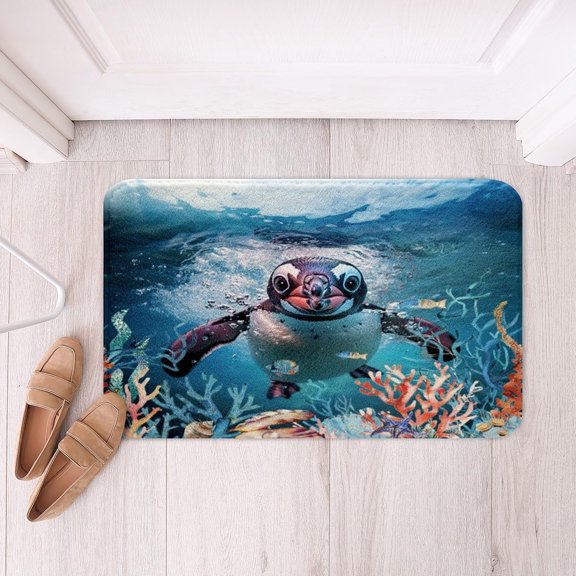 Funny Swimming Penguin Fleece Bath Mat Cute Animal Non Slip Polyester Bathroom Rug Ocean Theme Coral Reef Indoor Door Carpet 16x24 Inch