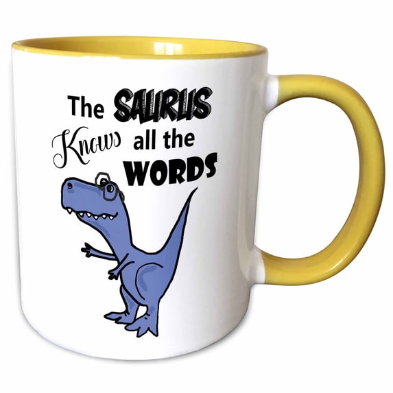 3drose, Funny T-rex Dinosaur the Saurus Knows All the Words Pun, 15oz Two-tone Yellow Mug
