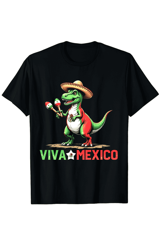 Funny T-Rex Dinosaur Viva Mexico Sombrero Maracas Graphic Tee - Retro Fiesta Cinco De Mayo Unisex Adult T-Shirt - Patriotic Mexican Pride Apparel
