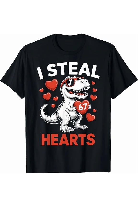 Funny T-Rex I Steal 67 Hearts Valentine Graphic Short Sleeve T-Shirt