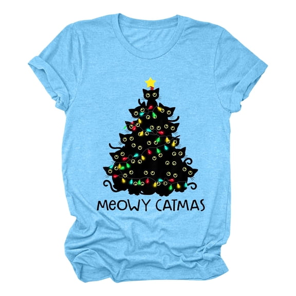 Funny T-Shirts For Women Cat Funny Cute Meowy Letter Print Tee Casual Cat Lovers Short Sleeve Xmas Fistival Tops