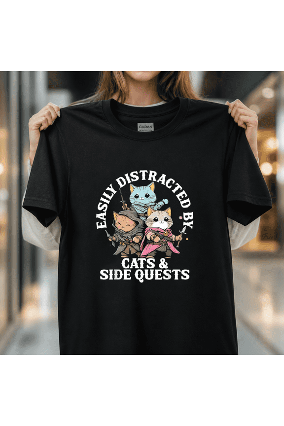 Funny Tabletop Gamer Cat Distracted Side Quest Nerdy Board Game Enthusiast Unisex T-Shirt, S-5XL