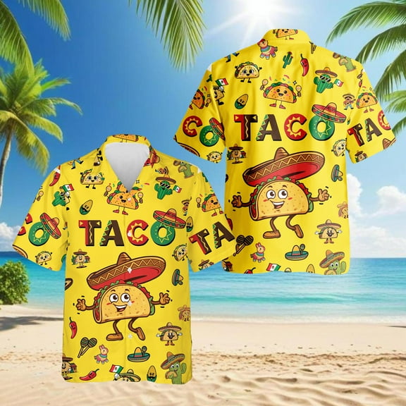 Funny Taco Print Hawaiian Shirt for Men, Cute Mexican Food Lover Gifts, Button Down Summer Beach Short Sleeve, S-5XL