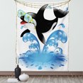 thumbnail image 1 of Funny Tapestry, Summer Holiday Ocean Cute Jumping Killer Whale with Sunglasses Cartoon Animal Love, Wall Hanging for Bedroom Living Room Dorm Decor, 40W X 60L Inches, Black Blue, by Ambesonne, 1 of 5