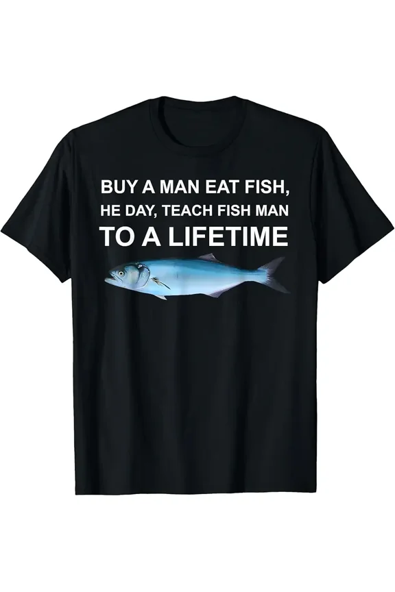Funny Teach A Man To Fish Quote Blue Fish Men Short Sleeve Casual T-Shirt