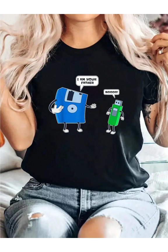 Funny Tech Parody T-Shirt - I Am Your Father Floppy Disk and USB Graphic Tee for Adults - Black Short Sleeve Cotton Shirt