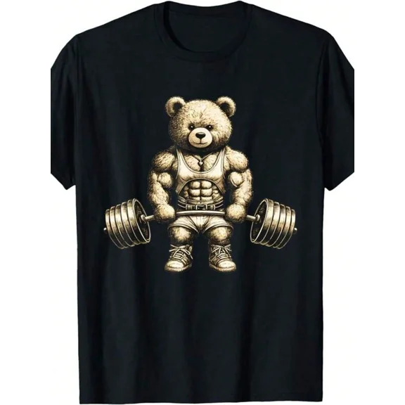 Funny Teddy Bear Lifting Weights Gym T-Shirt - Breathable Cotton Workout Tee With Weightlifting Teddy Bear, Slight Stretch Casual Summer Top Suitable For Gym & Casual Attire - Humo