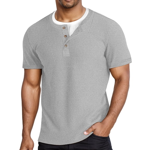 Funny Tee Shirts for Men Short Sleeve Henley Pullover Tops with Waffle Knit Panel Lightweight Soft Casual Grey XXL