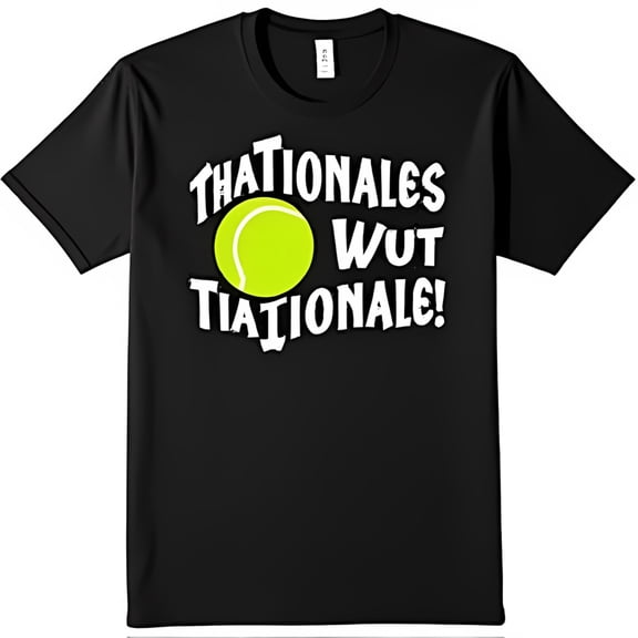 Funny Tennis Graphic Black T-Shirt 'THATIONALES WUT TIATIONALE ' with Yellow Tennis Ball