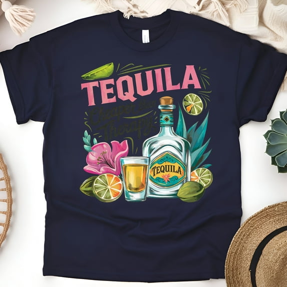 Funny Tequila T-Shirt for Women, Cheaper Than Therapy Summer Party Graphic Tee, Navy, Size L