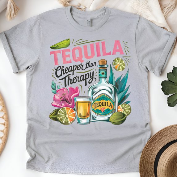 Funny Tequila T-Shirt for Women, Cheaper Than Therapy Summer Party Graphic Tee, Sport Grey, Size XL