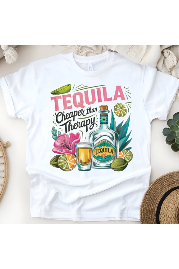 Funny Tequila T-Shirt for Women, Cheaper Than Therapy Summer Party Graphic Tee, White, Size 3XL