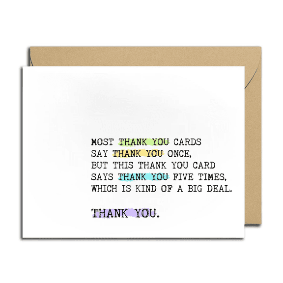 Funny Thank You Card - Says Thank You Five Times for Extra Appreciation - Blank Inside, Includes Envelope - Perfect for Friends, Family, or Any Occasion