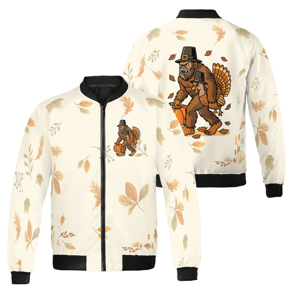 Funny Thanksgiving Bomber Jacket – Bigfoot Turkey Pilgrim Costume – Fall Leaves Zip Jacket – Unisex Holiday Outerwear for Men & Women