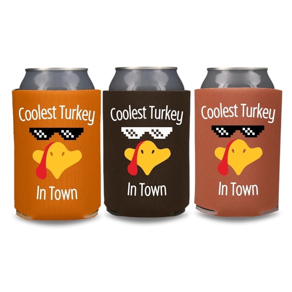 Funny Thanksgiving Can Cooler, Coolest Turkey In Town Can Coolie, Drink Accessory, Thanksgiving Beer Hugger, Party Gift And Favors (3Pack (1 Color Of Each))