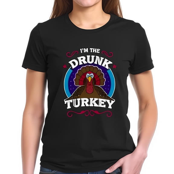 Funny Thanksgiving Cotton Short Sleeve T-Shirt - Turkey Graphic with " I'm the Drunk Turkey " Text Casual Holiday Wear
