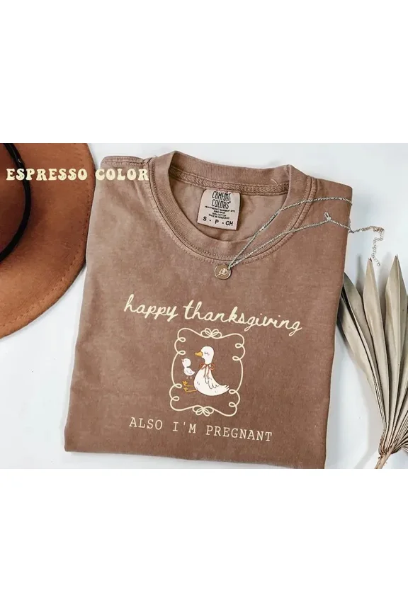 Funny Thanksgiving Pregnancy Reveal Shirt, Coquette Goose Maternity Tee, Cute “Pie For Two Please” Fall Baby Announcement Gift
