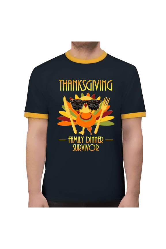 Funny Thanksgiving Shirts for Men Fall Shirts Navy Gold Turkey Shirt Regular Fit 100% Cotton Ringer Tee