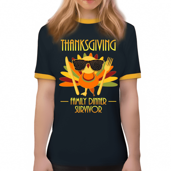 Funny Thanksgiving Shirts for Women Fall Shirts Navy Gold Turkey Shirt Regular Fit 100% Cotton Ringer Tee
