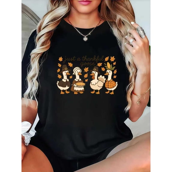 Funny Thanksgiving T-Shirt for Women, Thankful Goose Graphic Tee with Turkeys & Fall Leaves, Comfortable Top, Cute Holiday Top,Fashion,cotton,black,S-5XL