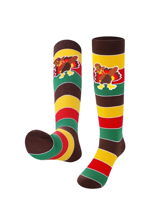 Funny Turkey Trot Socks -Thanksgiving Striped Knee High Turkey Leg Running Novlety Cool Crazy Sock Gift for Men Women Teen -Thanks Giving Birthday Christmas Holiday Fun Gift Stocking Stuffers
