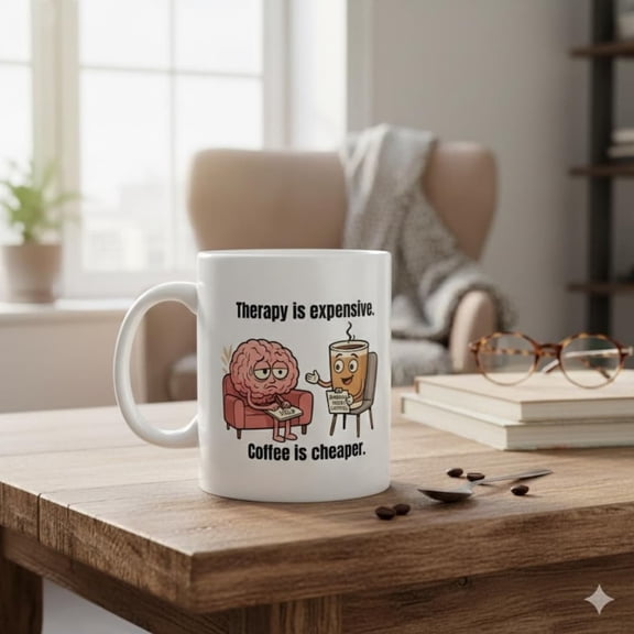 Funny Therapist Mug, tal Health Humor Cup, Coffee Lover Gift, Stress Relief Mug, Brain in Therapy rtoon Coffee Cup.