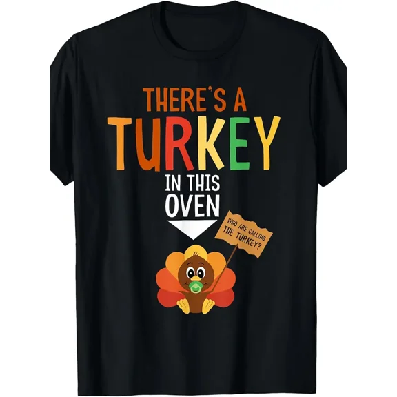 Funny "There'S a Turkey in This Oven" Pregnancy Announcement T-Shirt for Couples - 180GSM Heavyweight Retro Graphic Tee with Cartoon Turkey & Gender Reveal Design, Unisex
