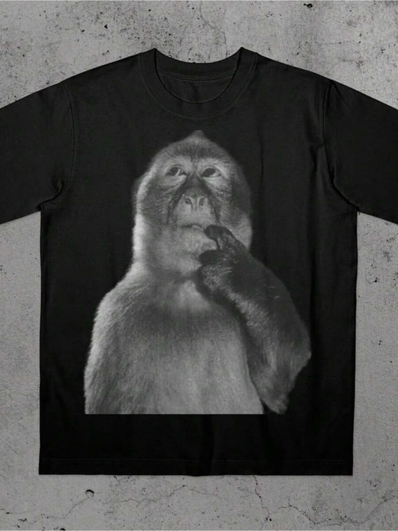 Funny Thinking Monkey Graphic Black Crewneck Vintage Grunge Y2k Cotton Men's Women's T-Shirt