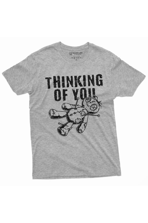 Funny Thinking Of You T-Shirt Halloween Creepy Voodoo Doll Horror Tee Shirt (Large Grey)
