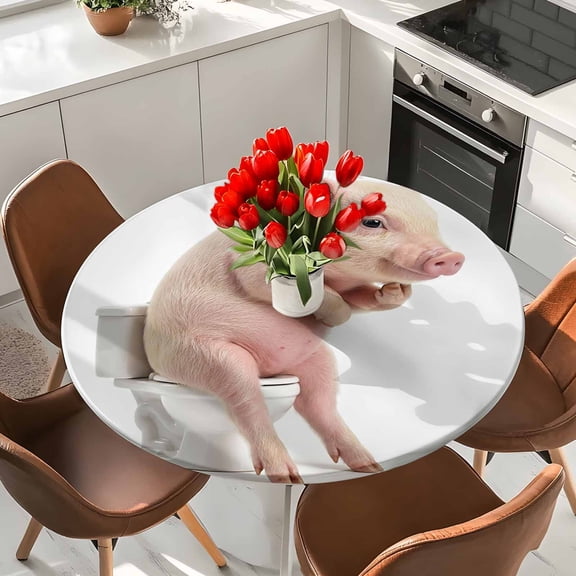 Funny Thinking Pigs Toilets Round Fitted Tablecloth with Elastic Edge,Waterproof Table Cloth Fits Tables Up to 36"-44",Wipeable Table Cover for Indoor Outdoor Dinning Party,Abstract Art Animal Prints