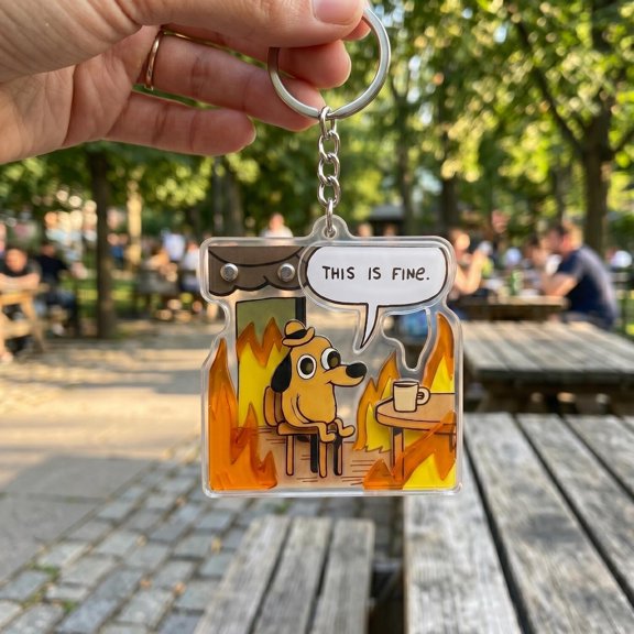 Funny This Is Fine Dog Meme Dumpster Fire Dog Sarcastic | 2 Sided Acrylic Keychain, Cute Bag Charm, Animal Lover Gift