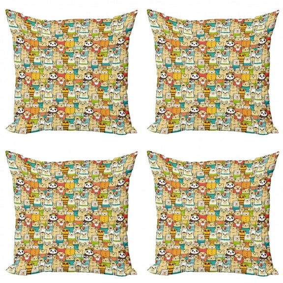 Ambesonne Funny Throw Pillow Cover 4 Pack, Teddy Bears Doodle Comic, 24", Multicolor