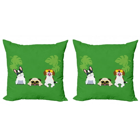 Ambesonne Funny Throw Pillow Cover 2 Pack, Sunglasses and Monstera Dogs, 20", Green Lime Green