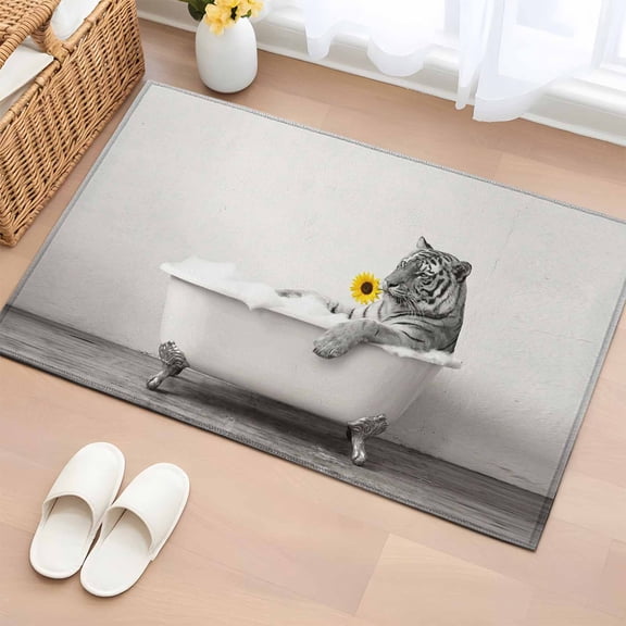 Funny Tiger 2'x3' Washable Rug, Cute Art Vintage Lovely Animals on Bathtub Non-Slip Soft Doormat Area Rugs for Entrance Bathroom Bedsides, Carpet for Kitchen Bedroom, Entryway Floor Mat