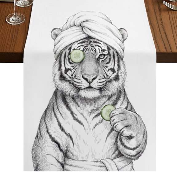 Funny Tiger Burlap Cotton Table Runner 18x72 Inches Long, Cucumber Mask Cute Abstract Animal Modern Art Farmhouse Table Runners, Outdoor Dining Table Decor for Baby Shower/Party/Wedding