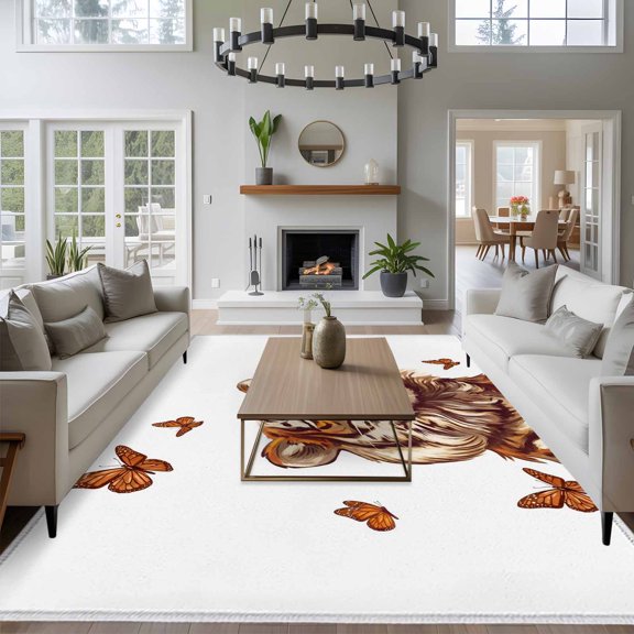 Funny Tiger Butterfly 8x10 Area Rug for Living Room Sectional Sofa, Cartoon Summer Animal Washable Non Slip Large Rectangle Area Rug