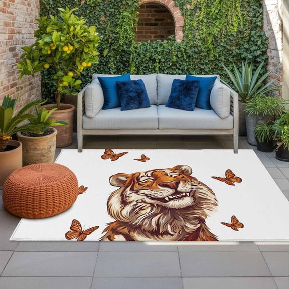 Funny Tiger Butterfly Indoor Outdoor Rugs 4x6 Ft, Cartoon Summer Animal Outdoor Patio Rugs Mat Washable Outside Area Rugs Carpet for Porch Deck RV Camping Pool Balcony Backyard