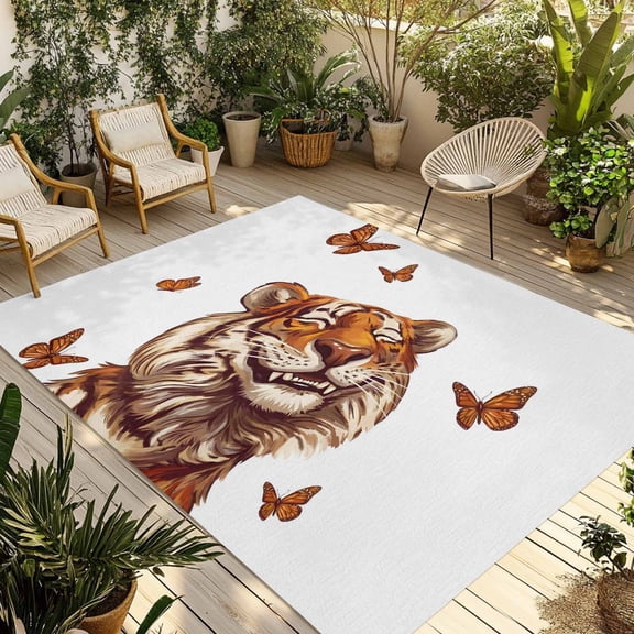 Funny Tiger Butterfly Outdoor Rug 5x8 ft Cartoon Summer Animal Non Slip Patio Rug Washable Absorbent Large Outdoor Carpet Outside Mat for Porch RV Garden Camping