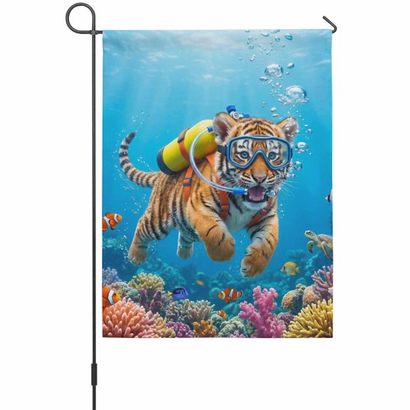 Funny Tiger Diving House Flag 28 x 40 Inches, Seafloor Corals Fish Oceans Modern Weather Proof Outdoor Patio Flags Double Sided Small House Decoration for Yard Lawn Outside Home